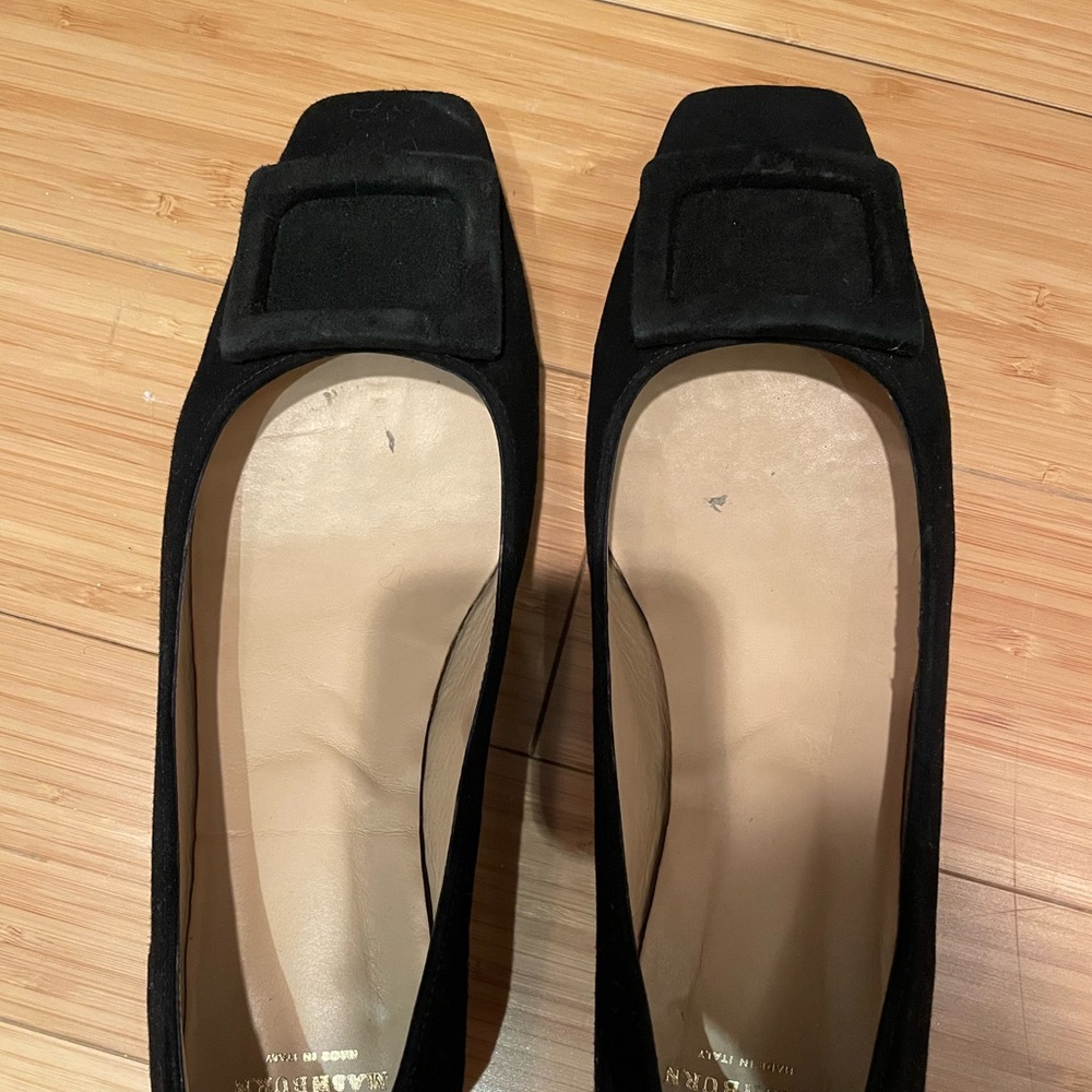 Ann Mashburn black velvet buckle shoe.